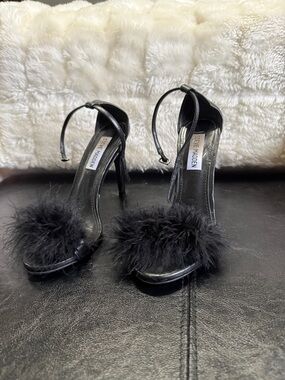 Steve Madden Black Feathered Ankle-Strap Stiletto Sandals